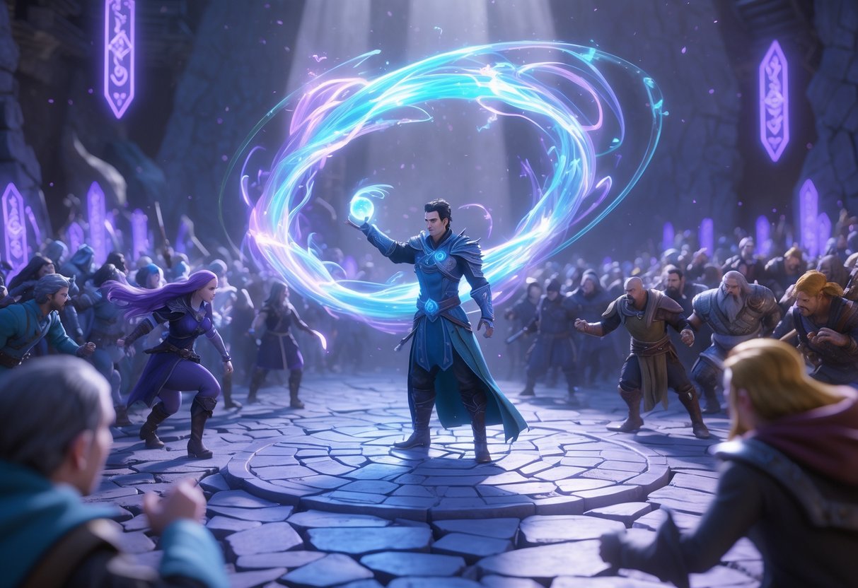 A mage casting a glowing spell that traps and immobilises several enemies on a mystical battlefield.