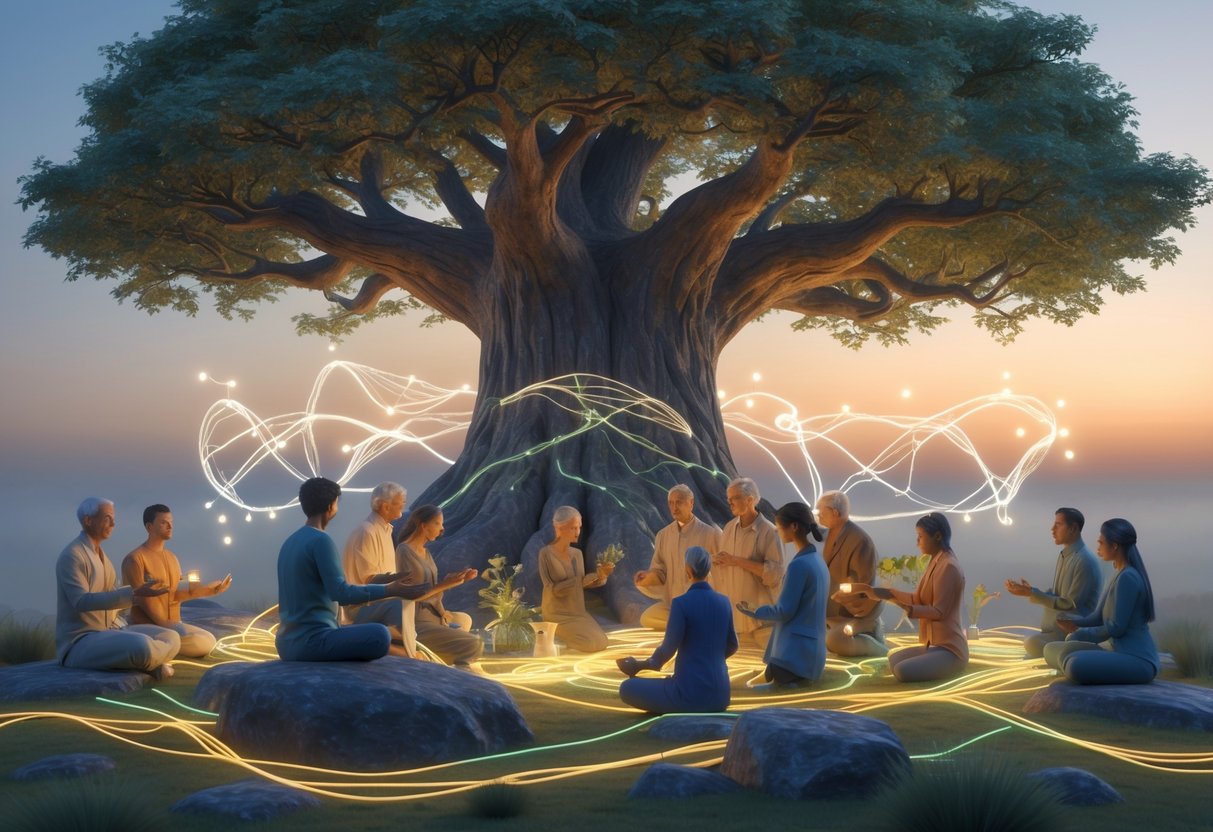 A large ancient tree surrounded by diverse people from different cultures and times practicing healing together under a sky transitioning from dawn to dusk.