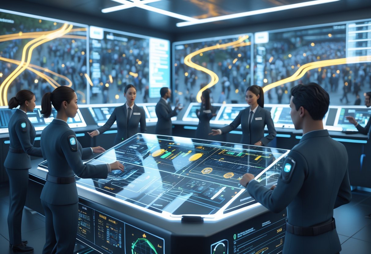 A futuristic control room with people monitoring holographic displays showing crowd movement and data visualisations.