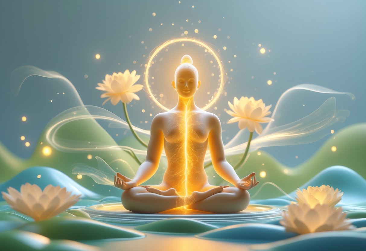 A glowing human figure meditating surrounded by flowing energy and blooming flowers, symbolising healing and personal growth.