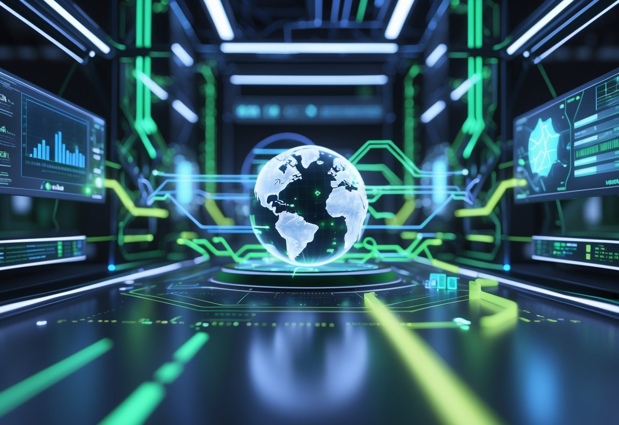 A futuristic control room with holographic data panels and a glowing globe surrounded by interconnected nodes, symbolising efficient and optimised resource flow.