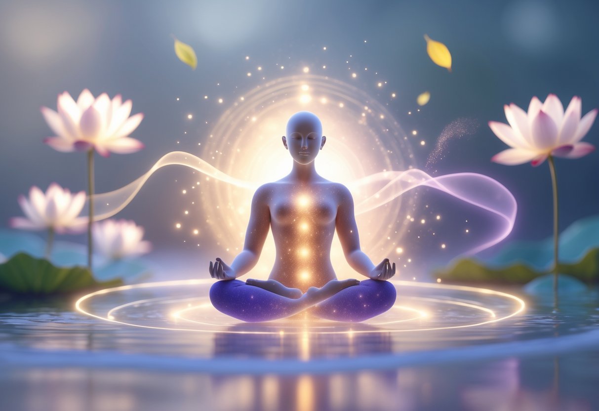 A person meditating with a glowing aura surrounded by gentle light waves and natural elements like lotus flowers and flowing water.