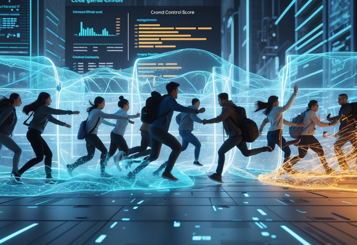 A group of people breaking through glowing energy barriers in a futuristic city, symbolising overcoming crowd control.