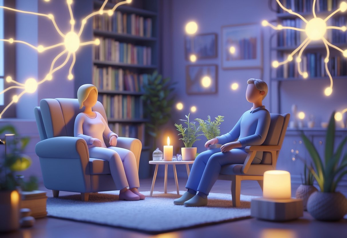 A calm therapy room with a therapist and a person sitting together, surrounded by plants and soft glowing lights symbolising mental healing.