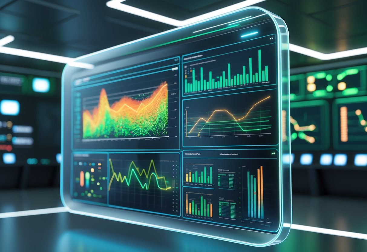 A futuristic control room with a holographic screen showing colourful graphs and heat maps analysing crowd movement and density.