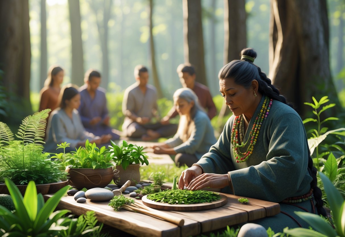 A group of people in a forest clearing practising traditional healing with herbs and natural elements, led by an indigenous healer.