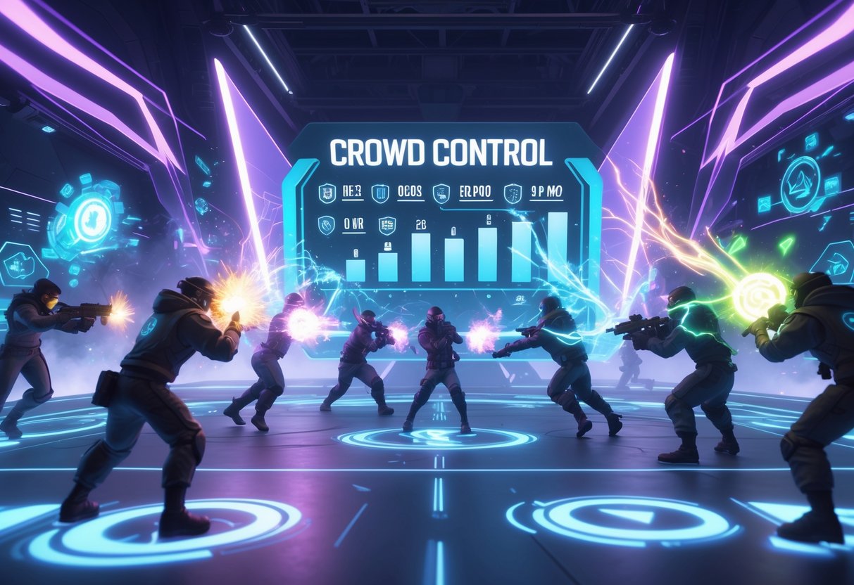 A futuristic gaming arena with characters using crowd control abilities like freezing and stunning during a competitive match, with glowing effects and a holographic scoreboard displaying scores.