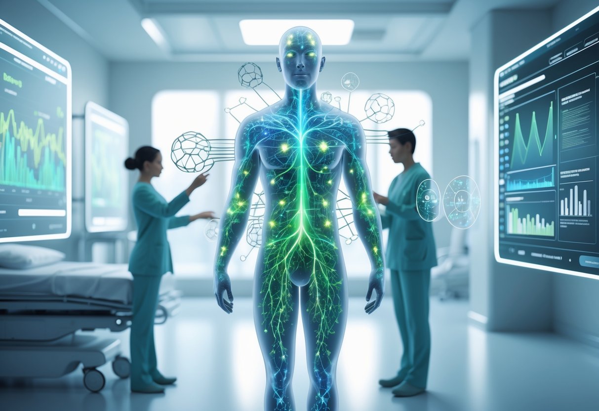 A futuristic hospital room showing a glowing human figure surrounded by holographic health data and medical professionals interacting with the displays.