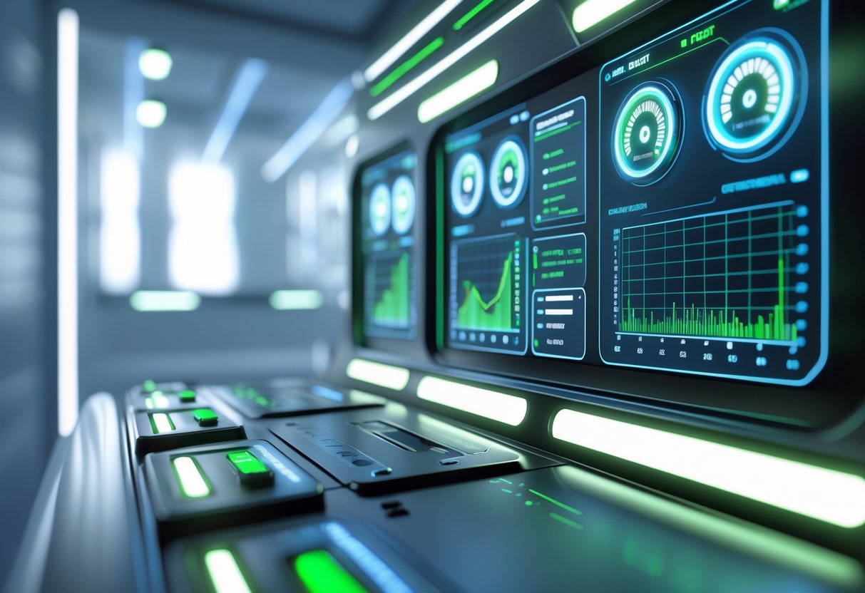 A 3D rendering of a futuristic control panel with glowing indicators and holographic displays showing energy usage and optimisation.