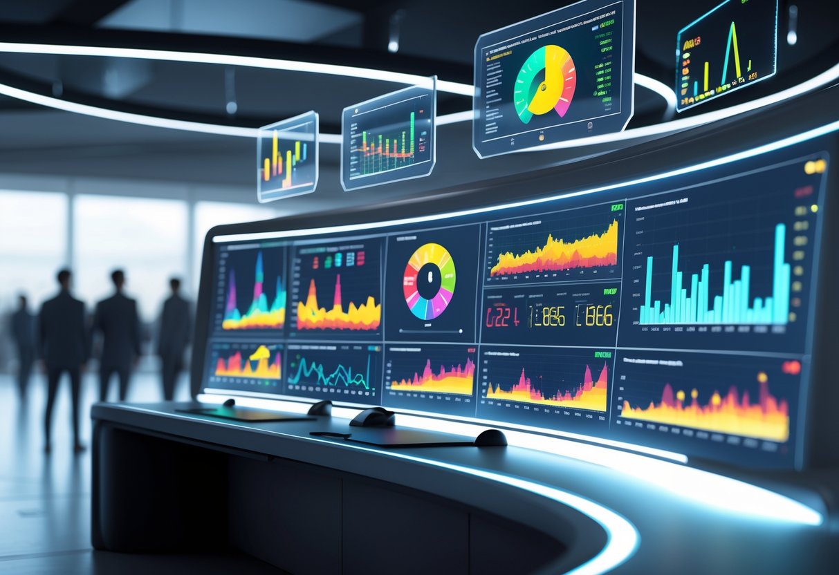 A 3D scene of a futuristic control room with digital screens showing crowd movement data and a circular gauge indicating crowd control status.