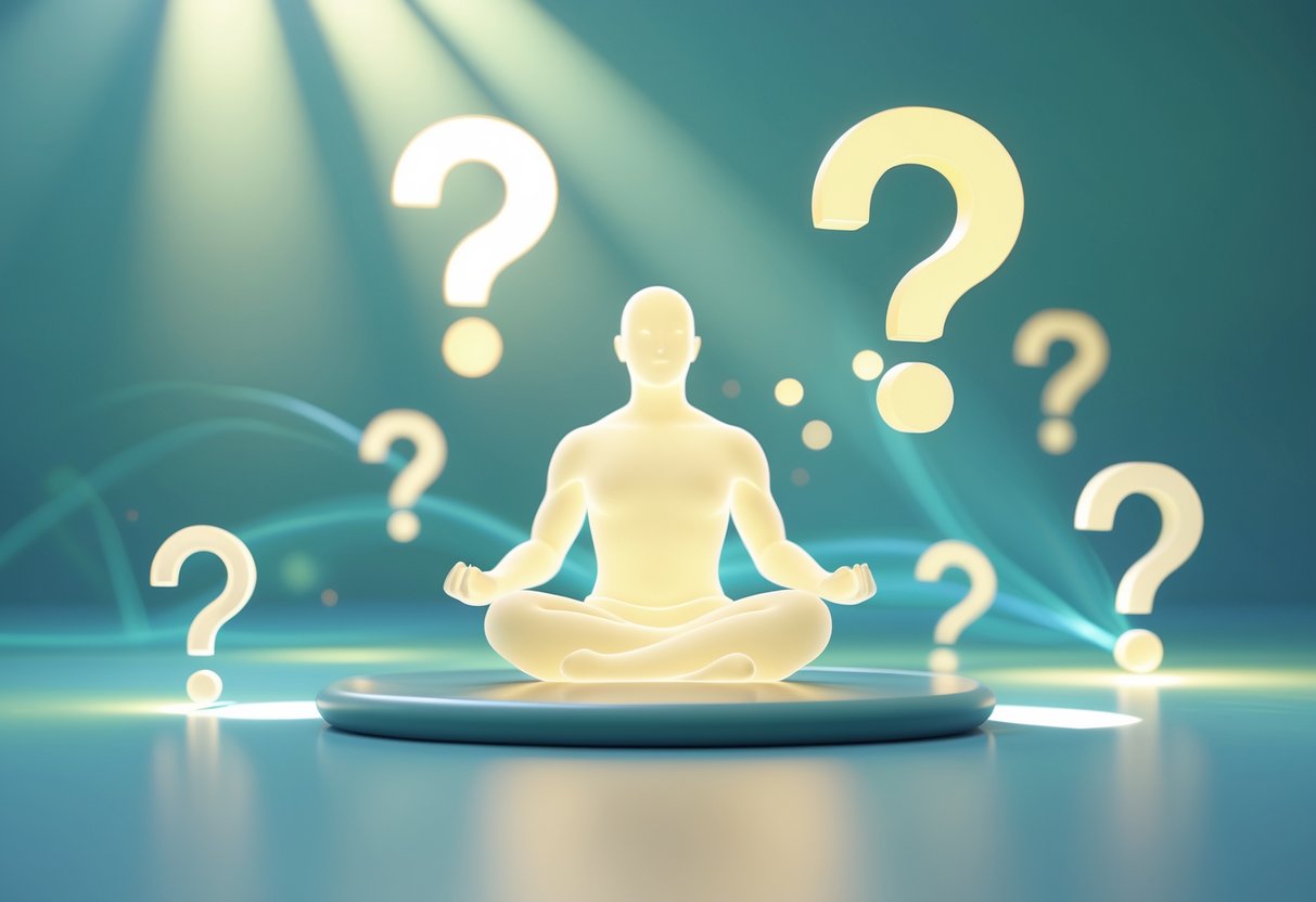 A glowing human figure meditating surrounded by floating question marks and light orbs in a calm, softly lit environment.