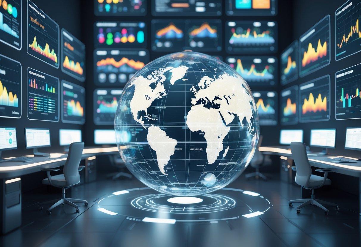 A futuristic control room with floating digital screens showing graphs and data, a rotating holographic globe with data points, and modern workstations arranged neatly.