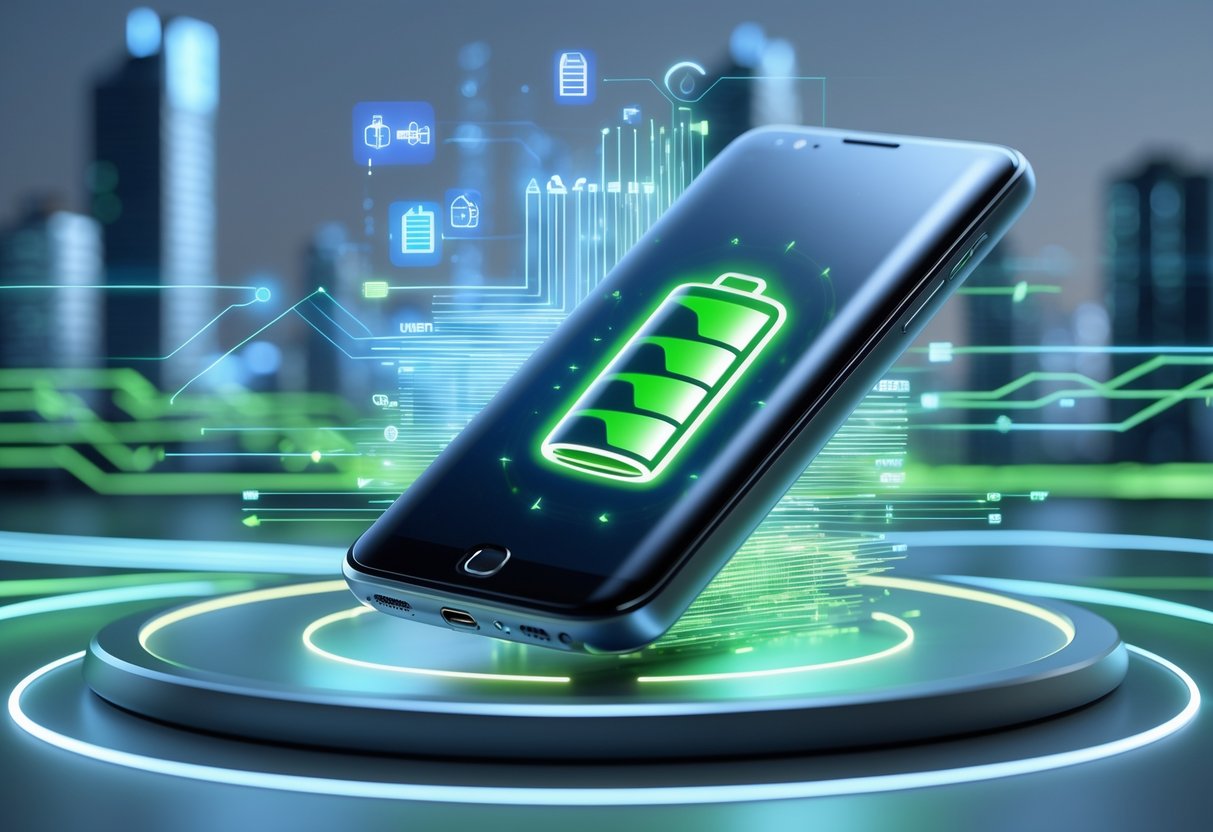 A 3D rendering of a modern portable device with a full battery icon, surrounded by glowing energy flows and digital effects representing efficient power usage.