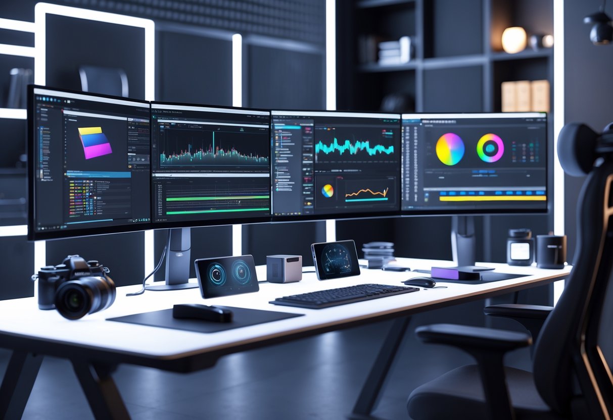 A modern workspace with multiple monitors showing video editing and 3D modelling, a powerful computer with glowing components, and creative tools arranged for efficient high-intensity work.