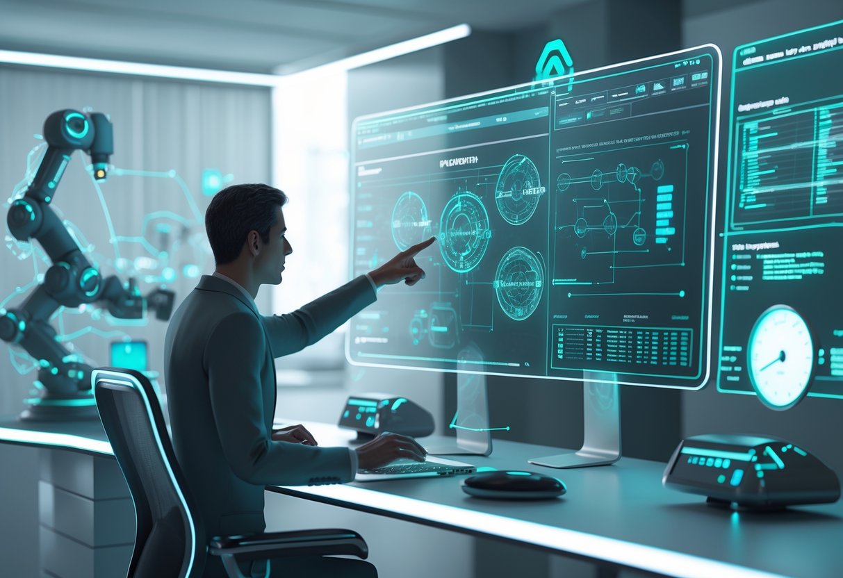 A person interacting with holographic screens showing data and flowcharts in a futuristic workspace focused on troubleshooting and efficiency.