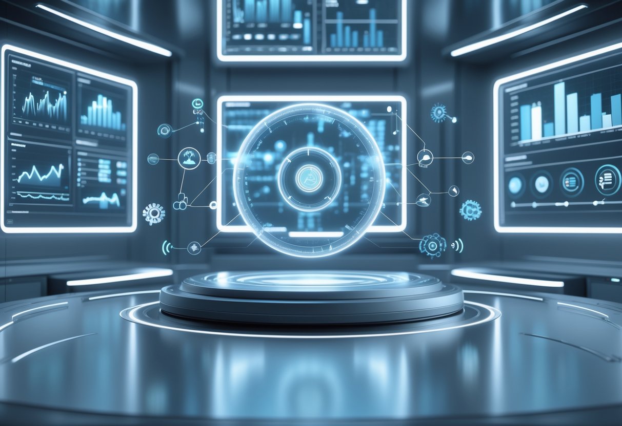 A futuristic control room with holographic screens and a glowing central interface showing data and symbols representing efficient information flow.