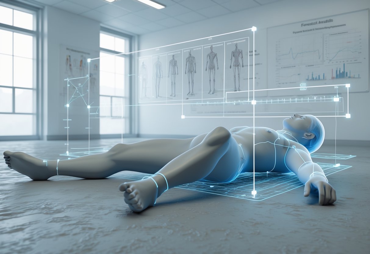 A 3D scene showing a human figure lying on the ground with digital markers highlighting body position, set in a clean forensic laboratory.