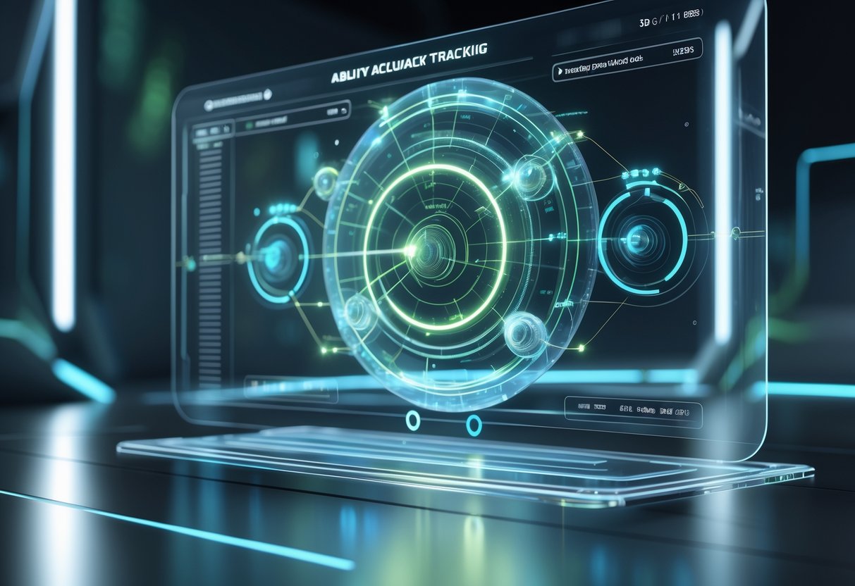 A 3D scene showing a floating holographic display with circular graphs and glowing data points tracking accuracy in a dark, high-tech environment.