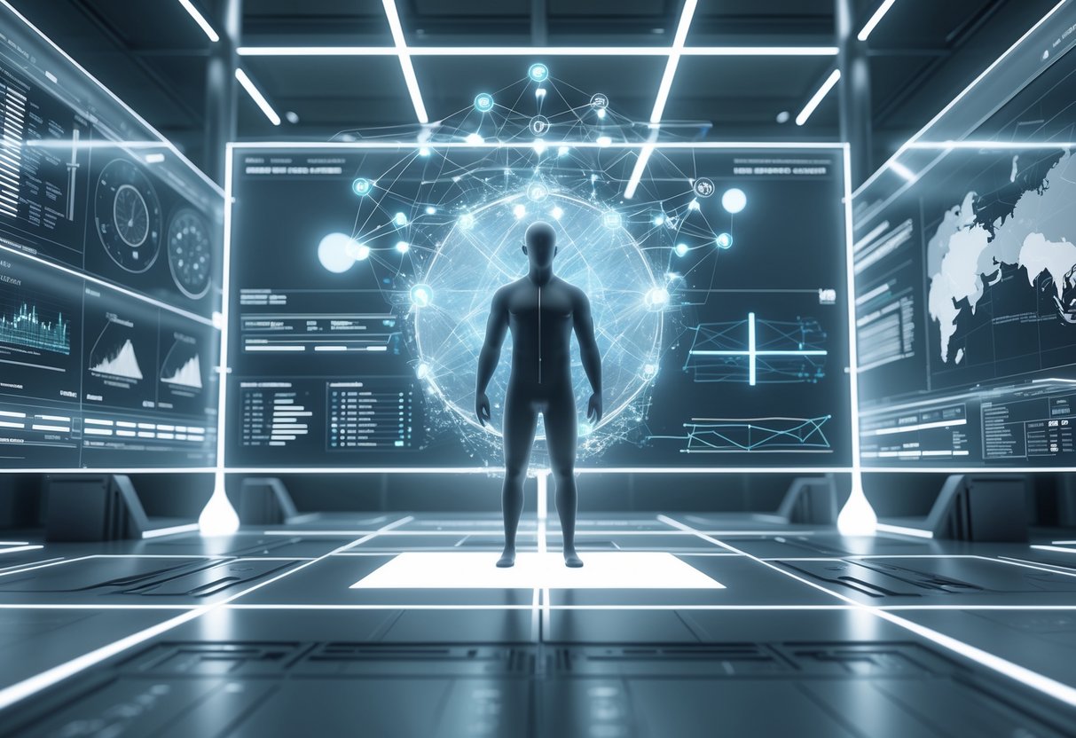 A 3D scene showing a human figure surrounded by floating holographic screens and geometric shapes in a futuristic control room, representing strategic analysis.