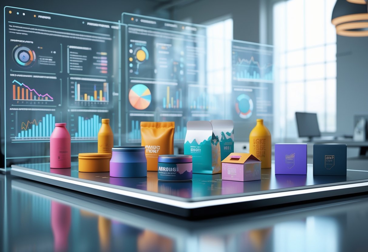 A modern workspace showing different product packaging designs on a table with holographic charts and graphs floating above, illustrating product positioning analysis.