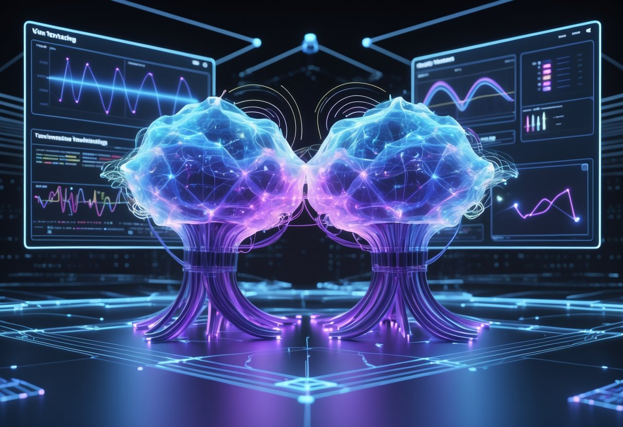 A 3D scene showing two interconnected glowing neural network structures linked by flowing data streams, surrounded by holographic graphs and tracking paths in a dark digital environment.