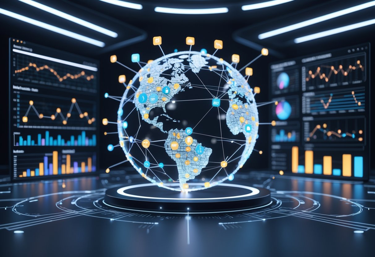 A 3D scene showing a digital dashboard with holographic charts and a globe made of social media icons fading, representing analysis of declining online virality.