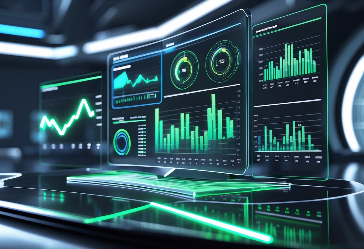 A 3D digital dashboard showing various charts and graphs tracking performance metrics related to ability accuracy.