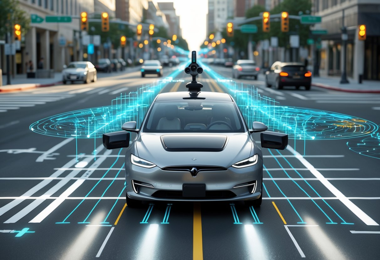 A self-driving car on a city street using sensors to track pedestrians, vehicles, and road signs with digital overlays showing detection and navigation paths.