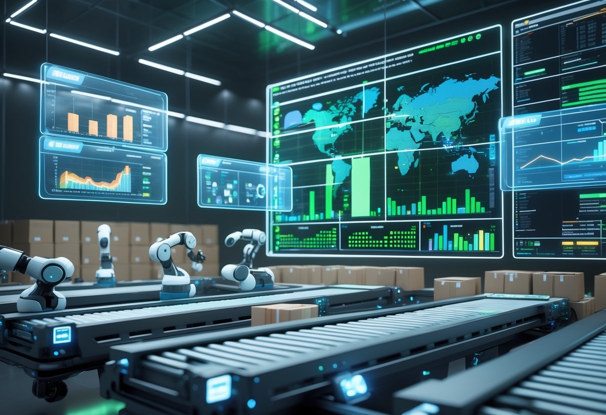 A futuristic control room with holographic screens showing graphs and maps, robotic arms organising inventory on conveyor belts, and a large digital dashboard displaying data.