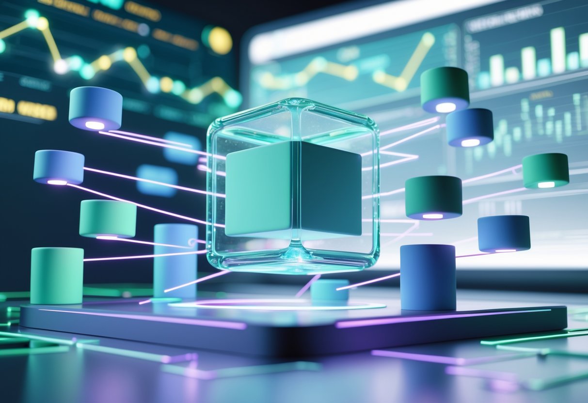 A 3D scene showing a large transparent cube surrounded by smaller interconnected cubes and cylinders, connected by glowing lines, with floating charts and graphs in the background representing business revenue streams and analysis.