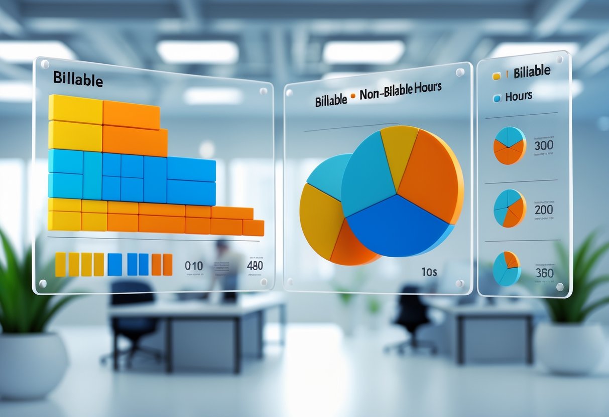 A 3D office dashboard showing colourful charts comparing billable and non-billable hours with icons of clocks and people working at desks in a modern office setting.