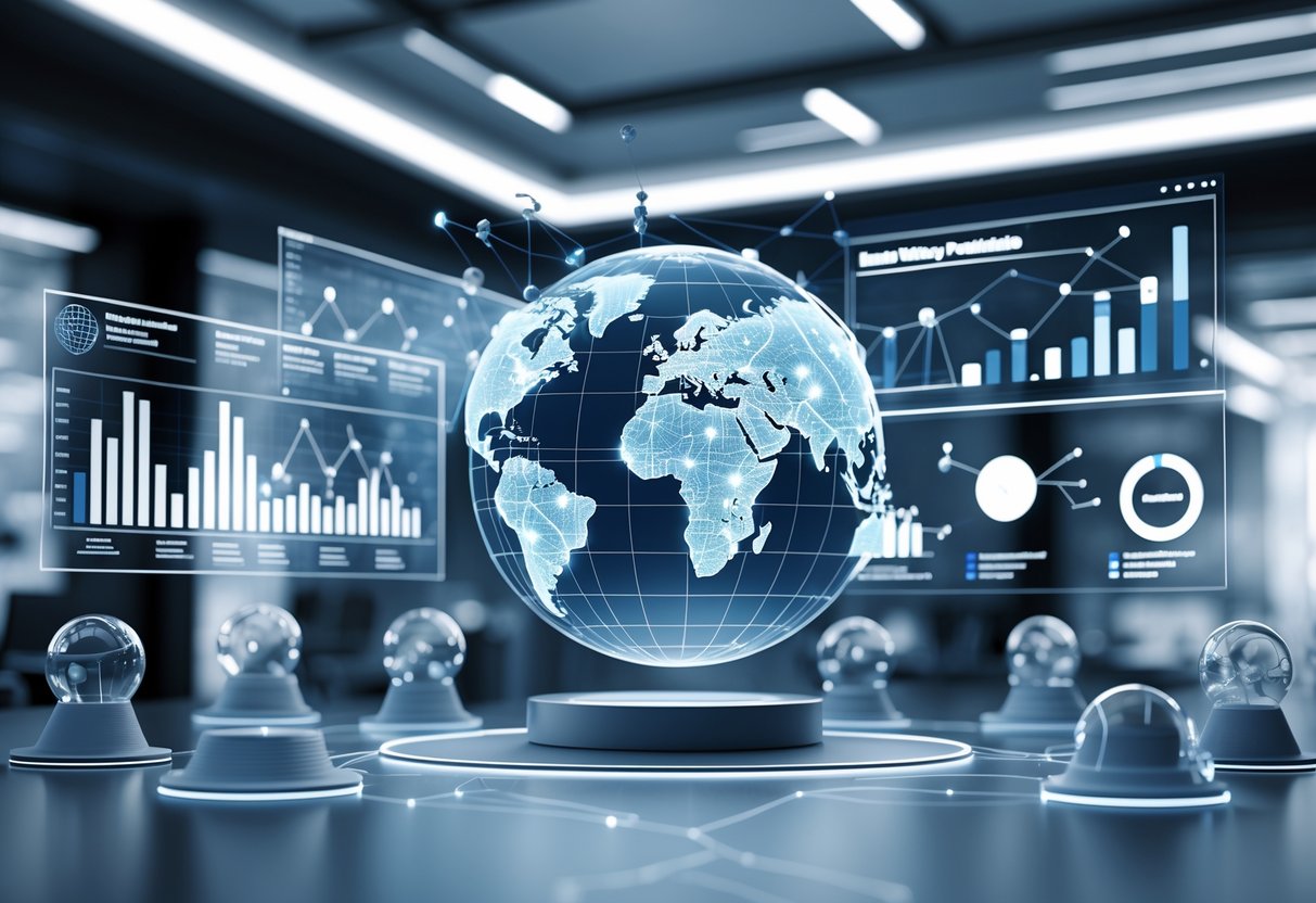A 3D scene showing a futuristic digital dashboard with holographic charts, graphs, and product models representing business analysis and product range expansion.