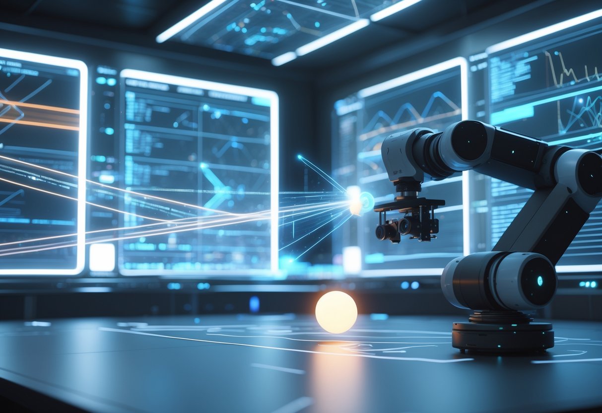 A futuristic control room with holographic screens showing tracking paths, some clear and some fragmented, and a robotic arm trying to follow a glowing moving object amid digital interference.
