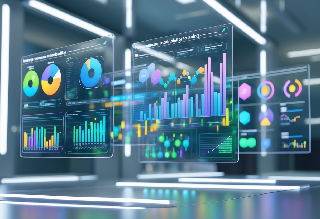 A digital dashboard with floating holographic screens showing colourful charts and icons representing resource availability and tracking in a futuristic office setting.