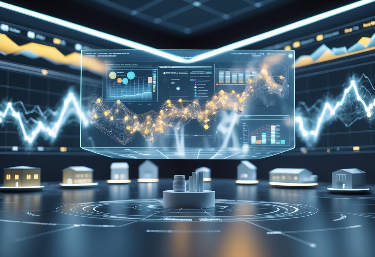 A 3D scene showing a futuristic control room with floating digital charts and holograms representing consumer and industry data interconnected by glowing lines.