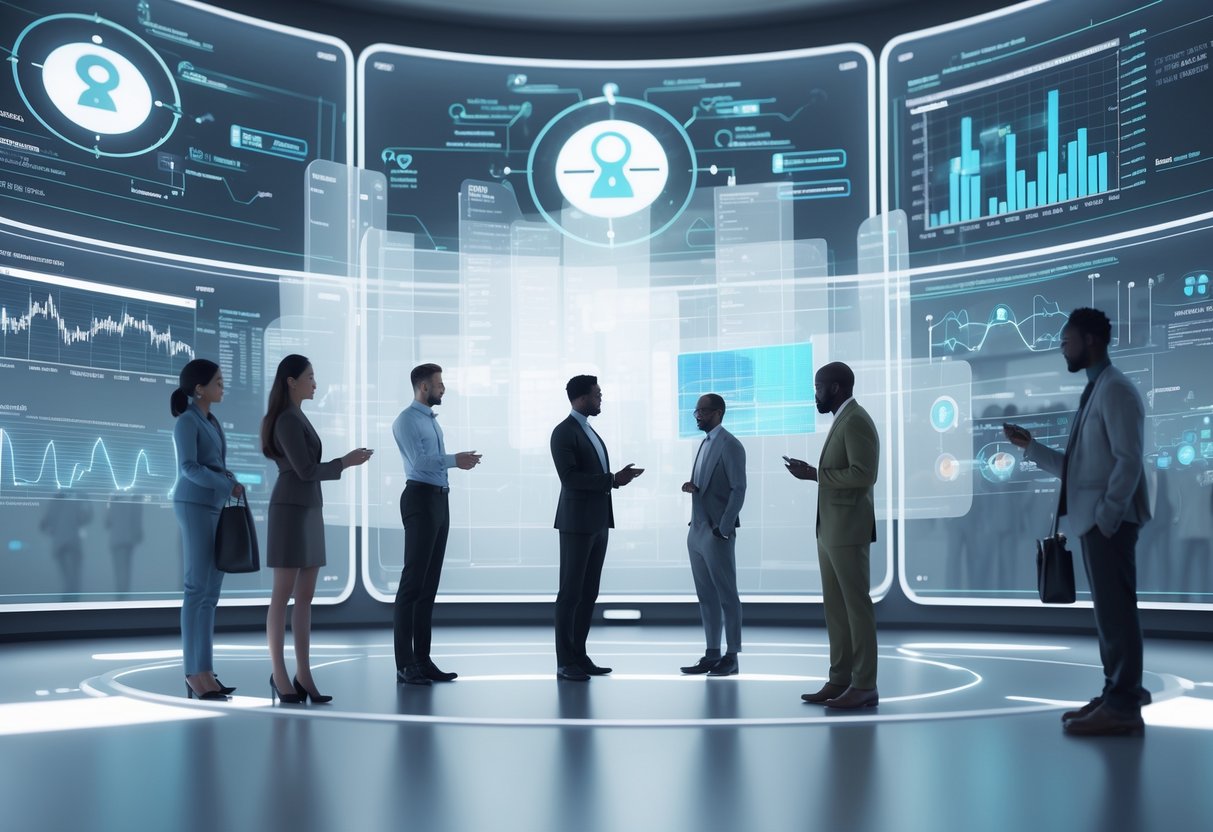 A futuristic control room where diverse people interact with floating digital screens showing biometric data and accuracy metrics, symbolising ethical and societal considerations in ability tracking.