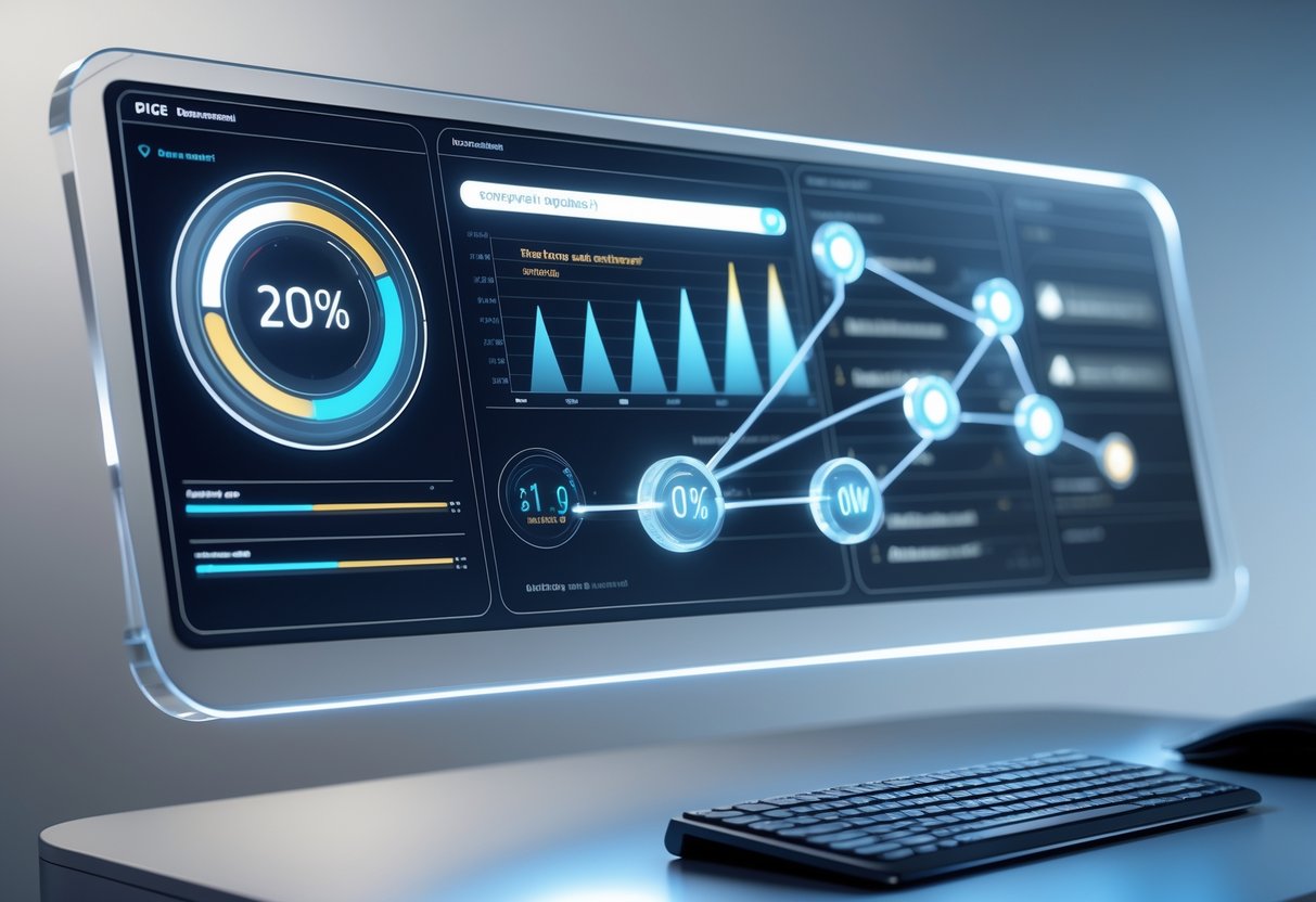 A 3D scene of a futuristic digital dashboard with floating holographic panels showing graphs and meters tracking question and answer accuracy.