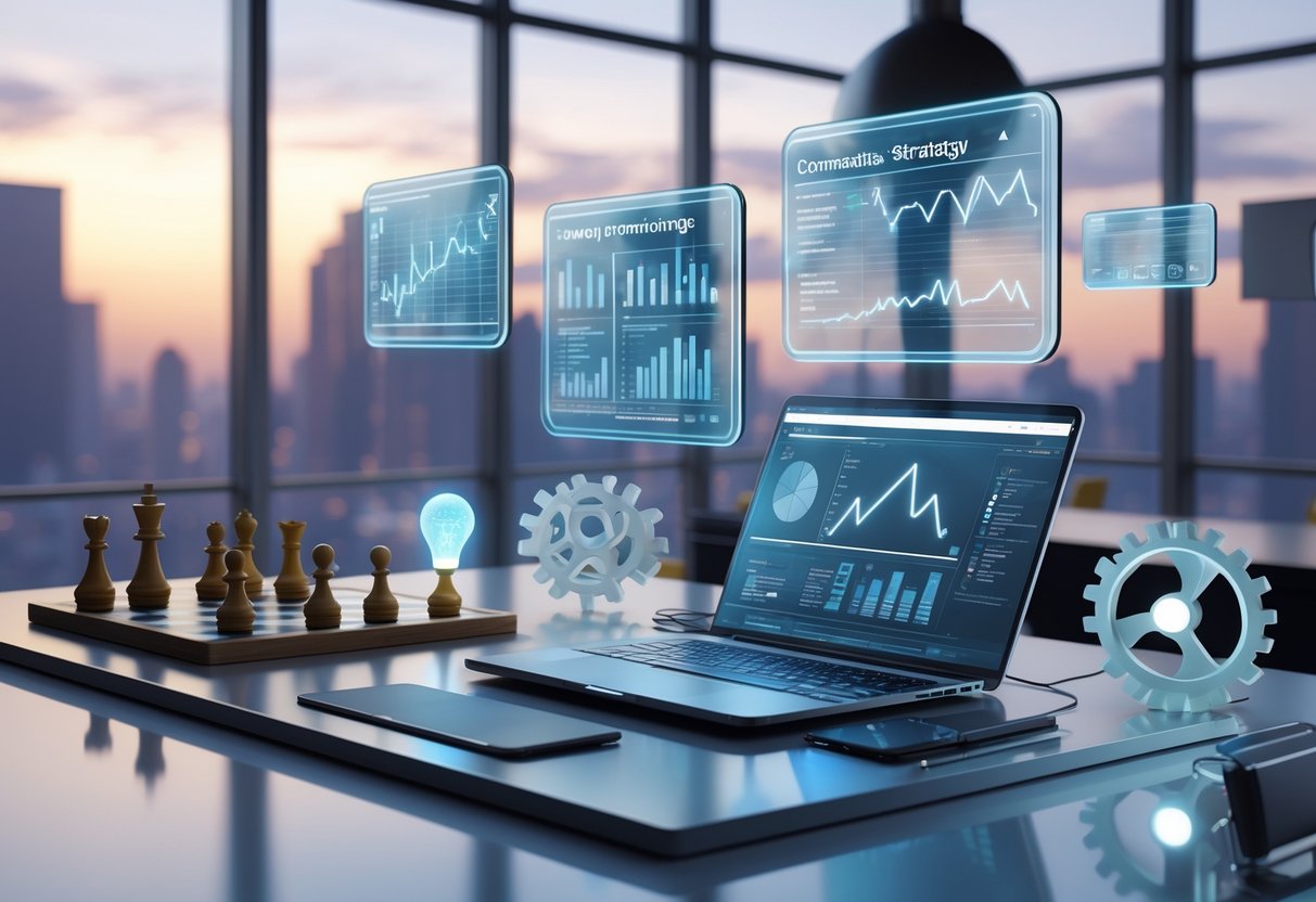 A modern office desk with holographic charts and graphs floating above it, a laptop showing diagrams, a chessboard with pieces, and a lightbulb, set against a city skyline at dawn.