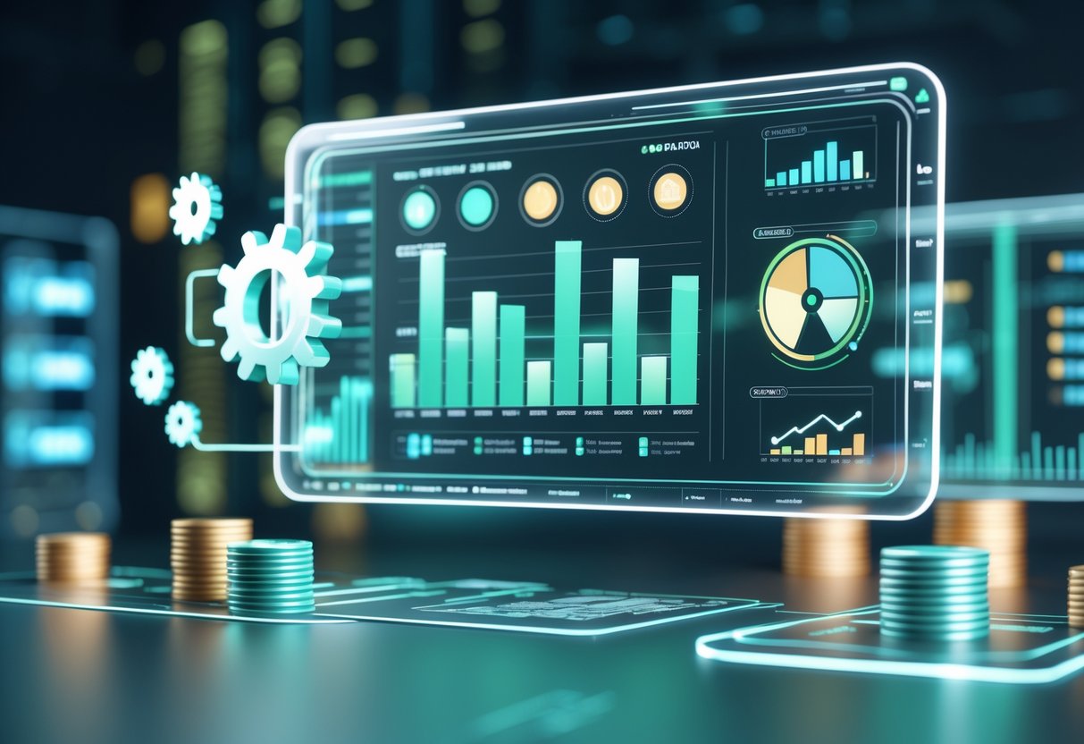 A 3D digital interface showing various holographic charts and icons representing cost metrics and resource management.