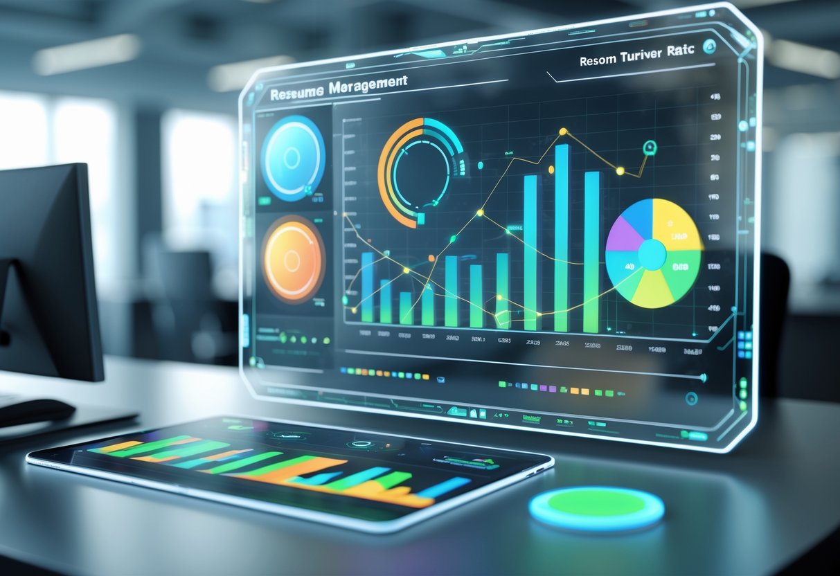 A 3D digital dashboard showing colourful graphs and charts monitoring resource turnover rate in a modern office setting.