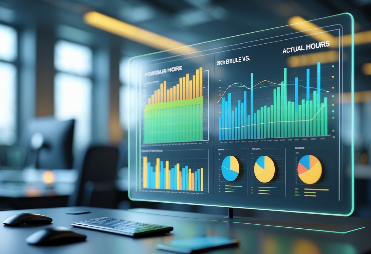 A 3D scene showing a digital dashboard with colourful bar graphs comparing scheduled and actual hours worked, alongside a pie chart, set in a modern office environment.