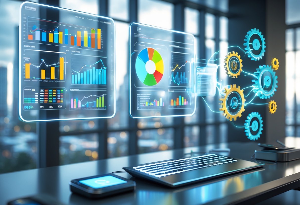 A modern office with floating digital screens showing colourful business charts and holographic gears representing resource management.