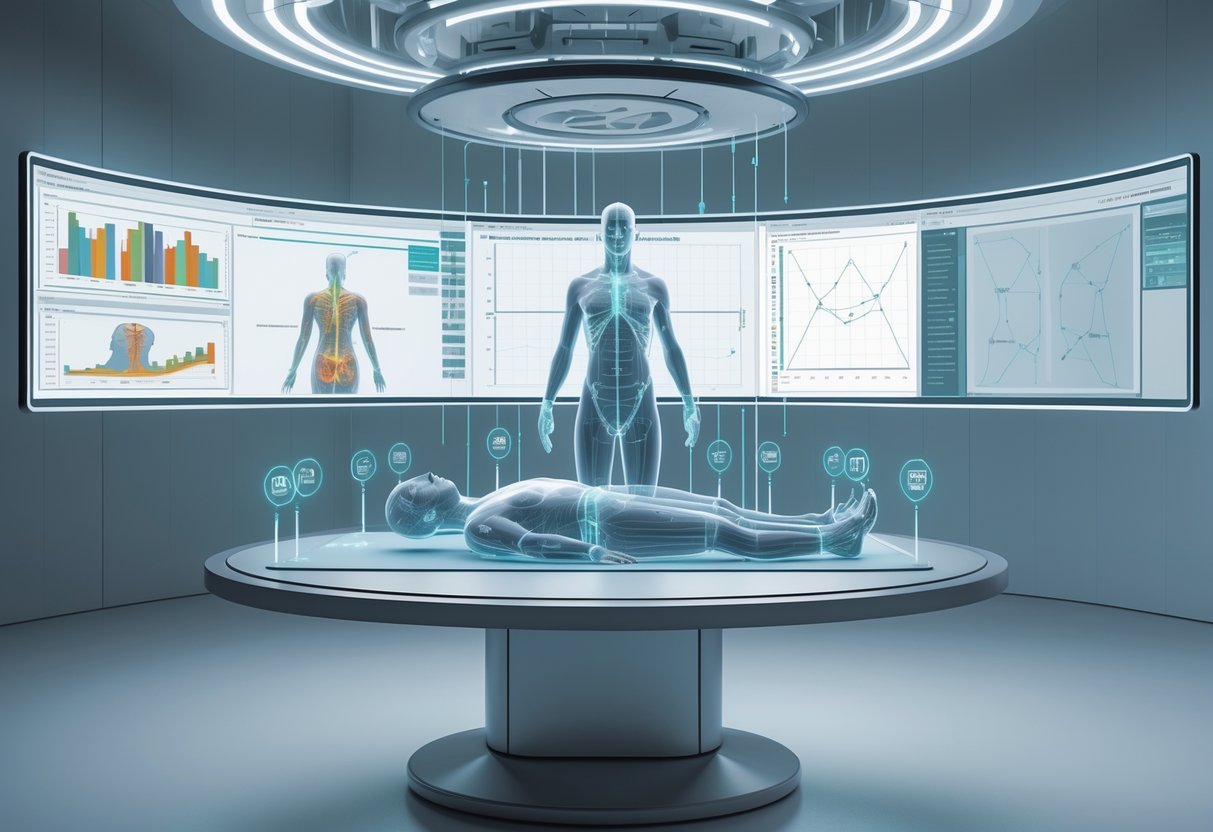 A 3D scene showing a transparent human figure on a virtual table surrounded by holographic data and markers in a modern laboratory setting.
