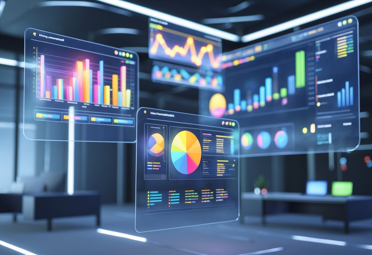 A futuristic office scene showing floating holographic screens with colourful graphs and charts about resource management metrics.