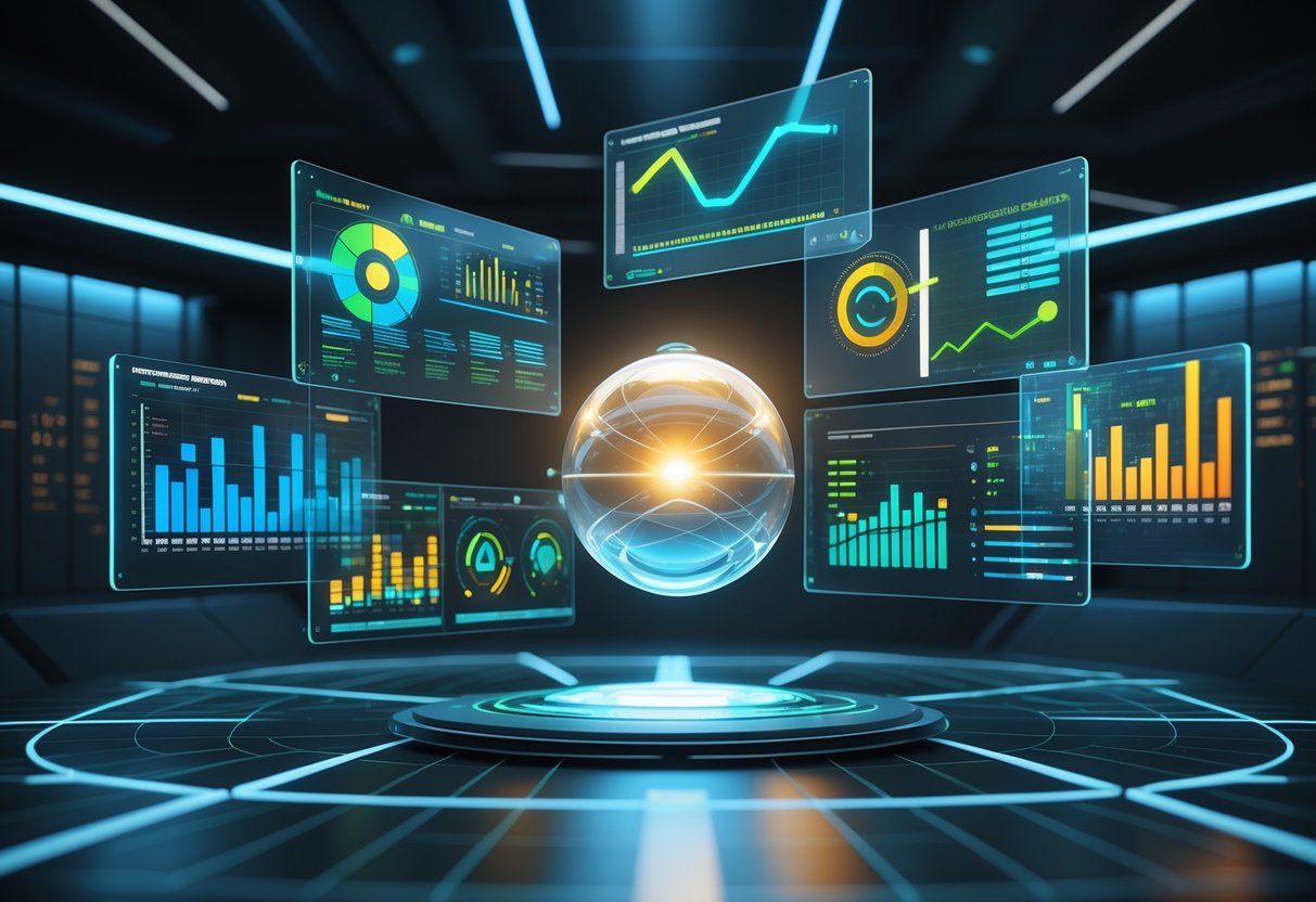 A futuristic 3D scene showing floating holographic panels with colourful graphs and charts around a glowing orb in a dark high-tech room.