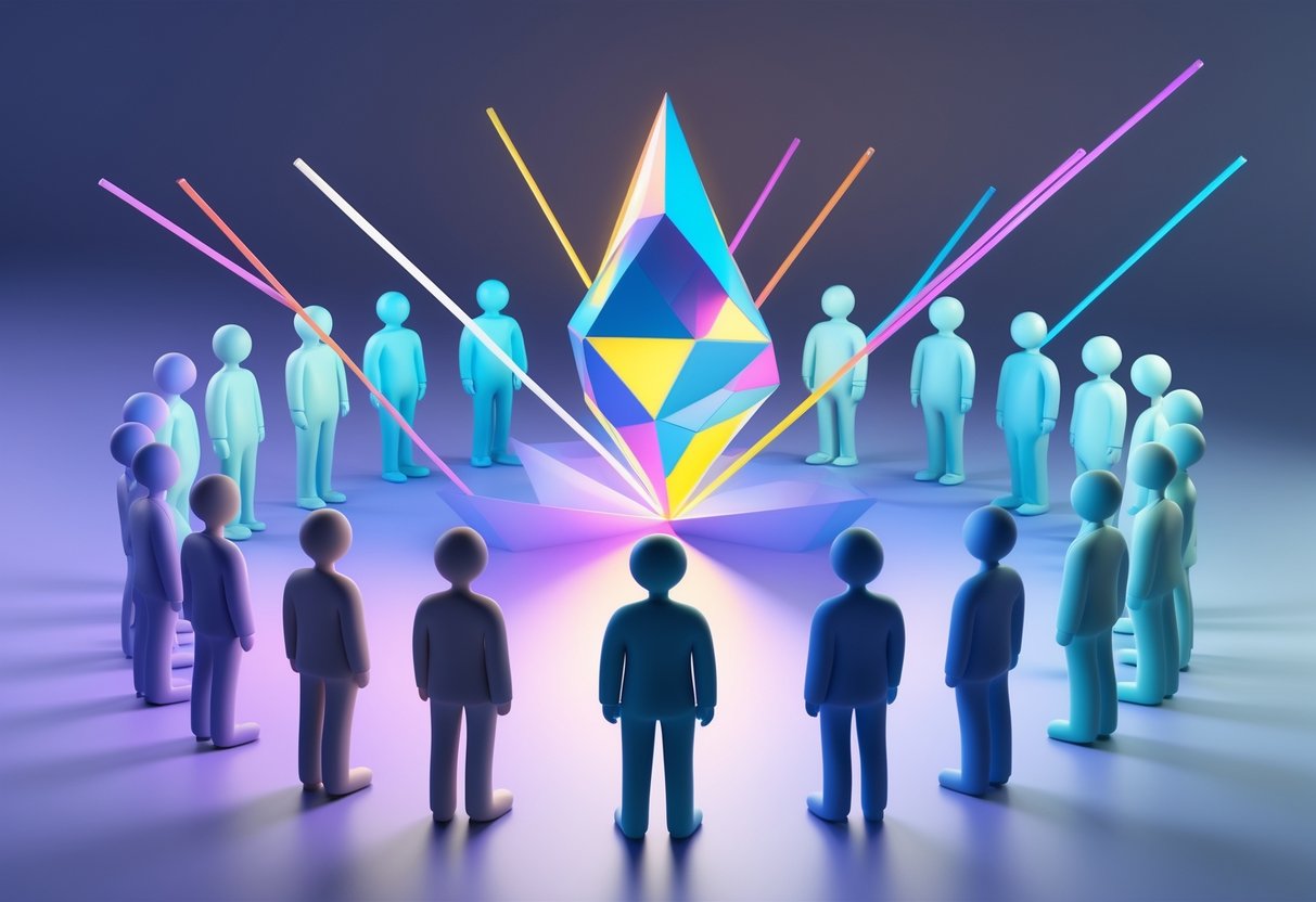 Multiple semi-transparent human figures arranged in a circle, each looking at a central geometric shape with coloured beams of light representing different viewpoints.