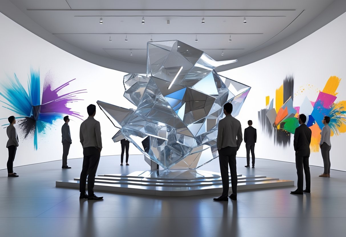A gallery scene showing several people looking at an abstract sculpture from different positions around it.