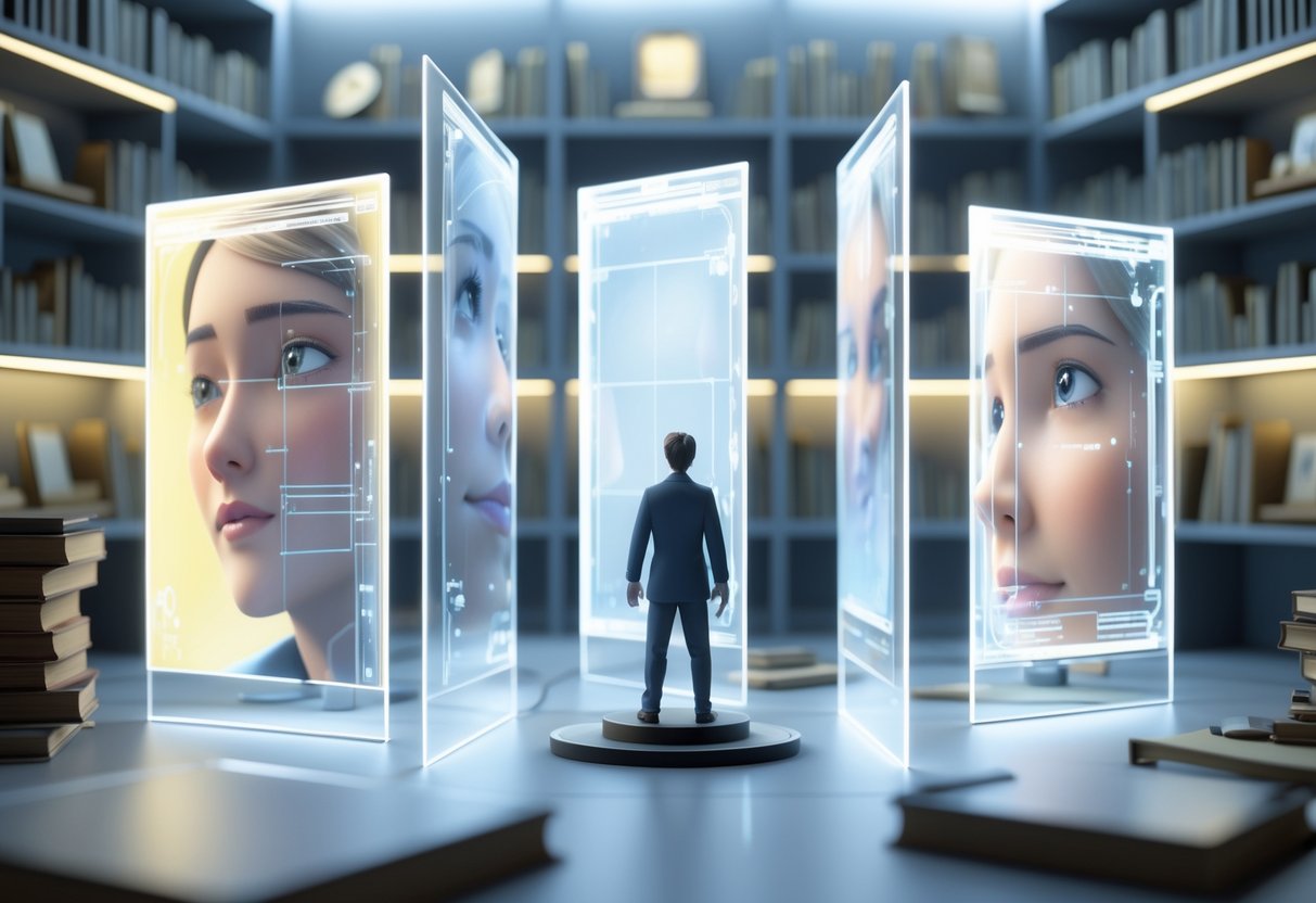 A scene showing a storyteller surrounded by several transparent screens, each displaying different viewpoints of the same story moment from various angles.