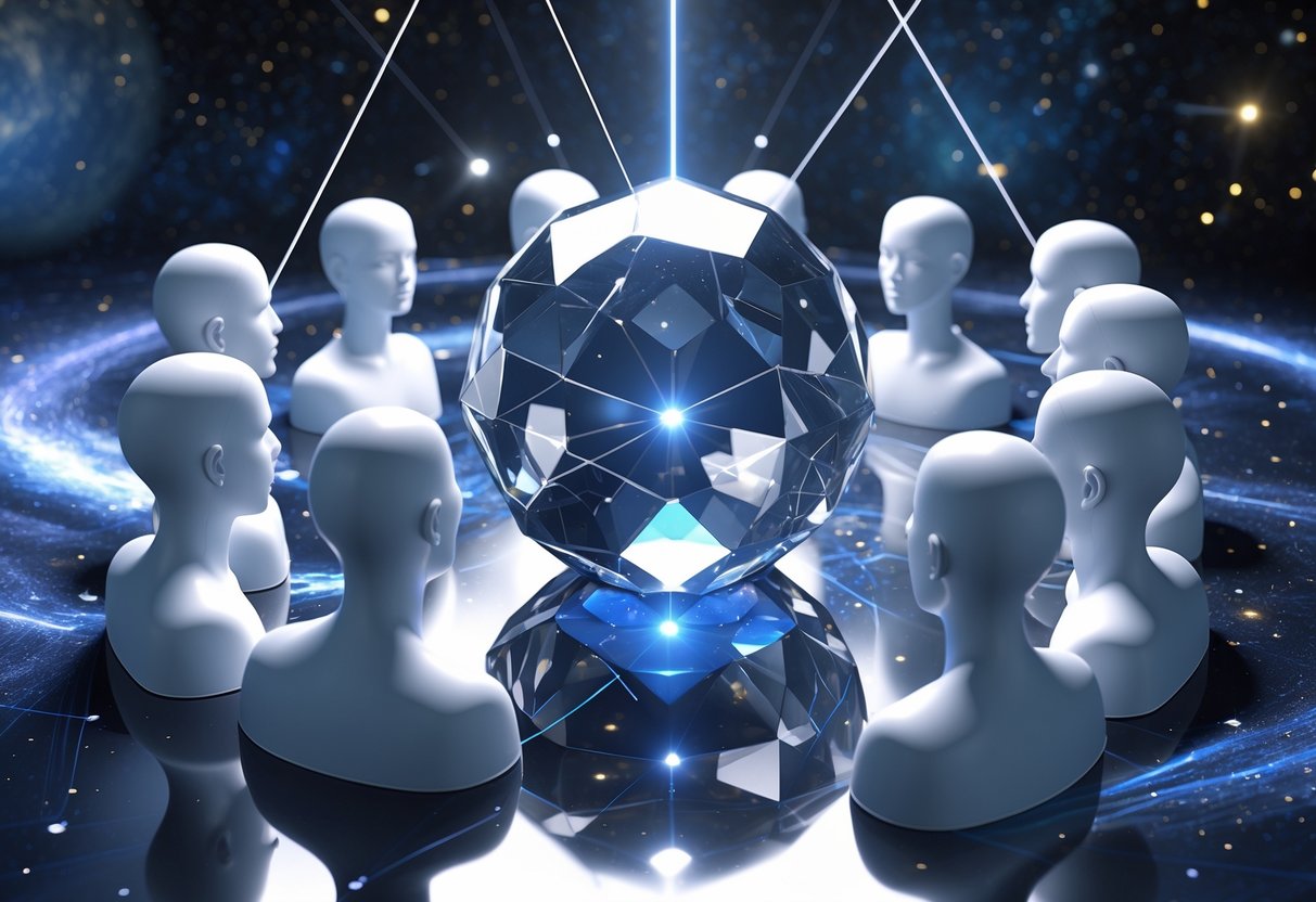 Multiple translucent human figures observing a glowing multifaceted orb from different angles in a cosmic environment.
