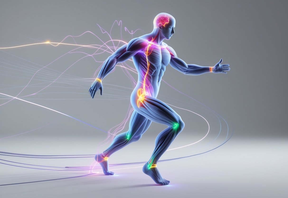 A 3D image of a human figure in motion showing muscles, nerves, and joints with glowing pathways representing neural control and movement efficiency.